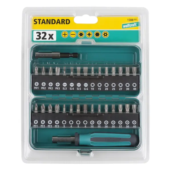 WOLFCRAFT kutija s bit nastavcima, prorez / križni prorez (PH/PZ) / TORX® (T) / TORX® s provrtom / unutarnji šesterostrani, 32-dij.